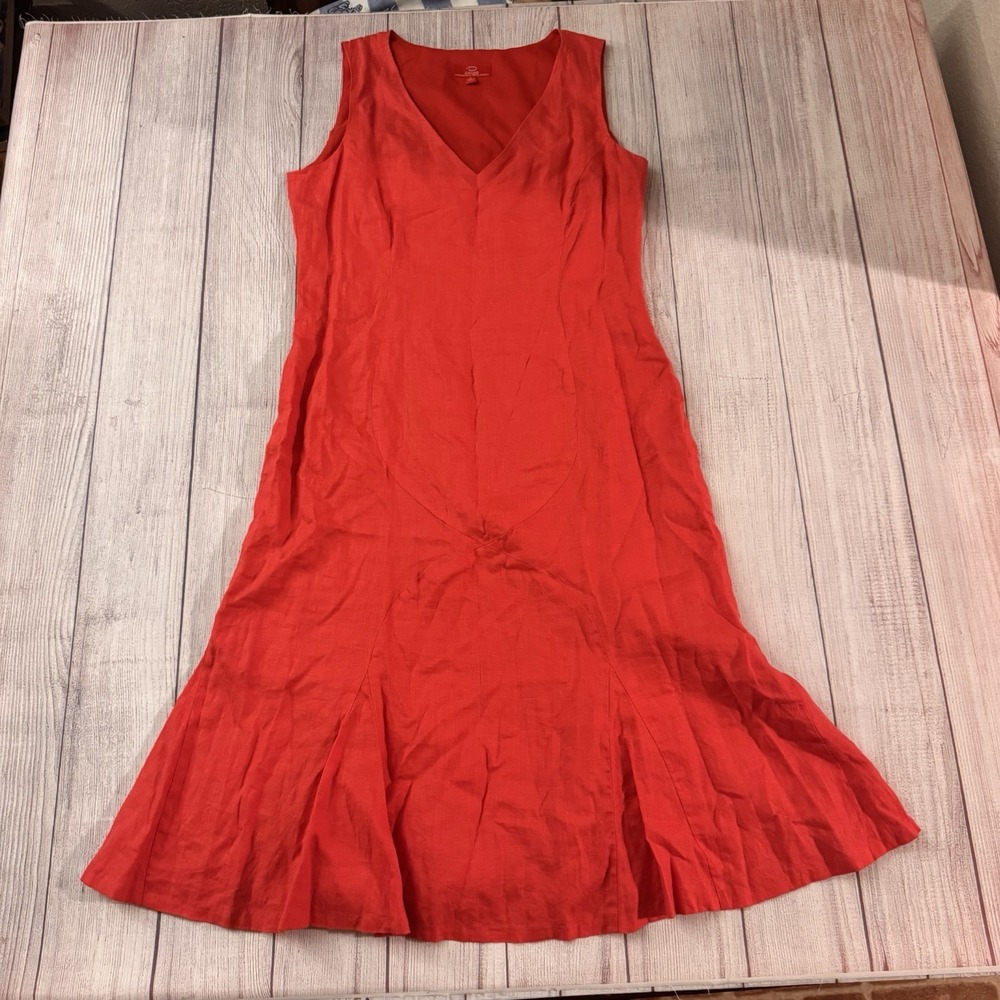 Oscar By Oscar de la Renta Women's Red 100% Linen Fit Flare Midi Dress 12 Lined